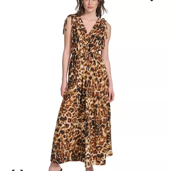 Calvin Klein animal print tie shoulders plus size v neck a line skirt dress 22w - Picture 1 of 9